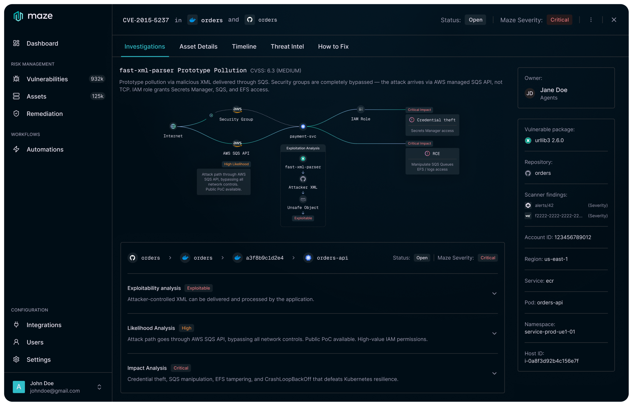 Maze investigation showing whether a vulnerability is exploitable in the customer environment, with the evidence behind the verdict