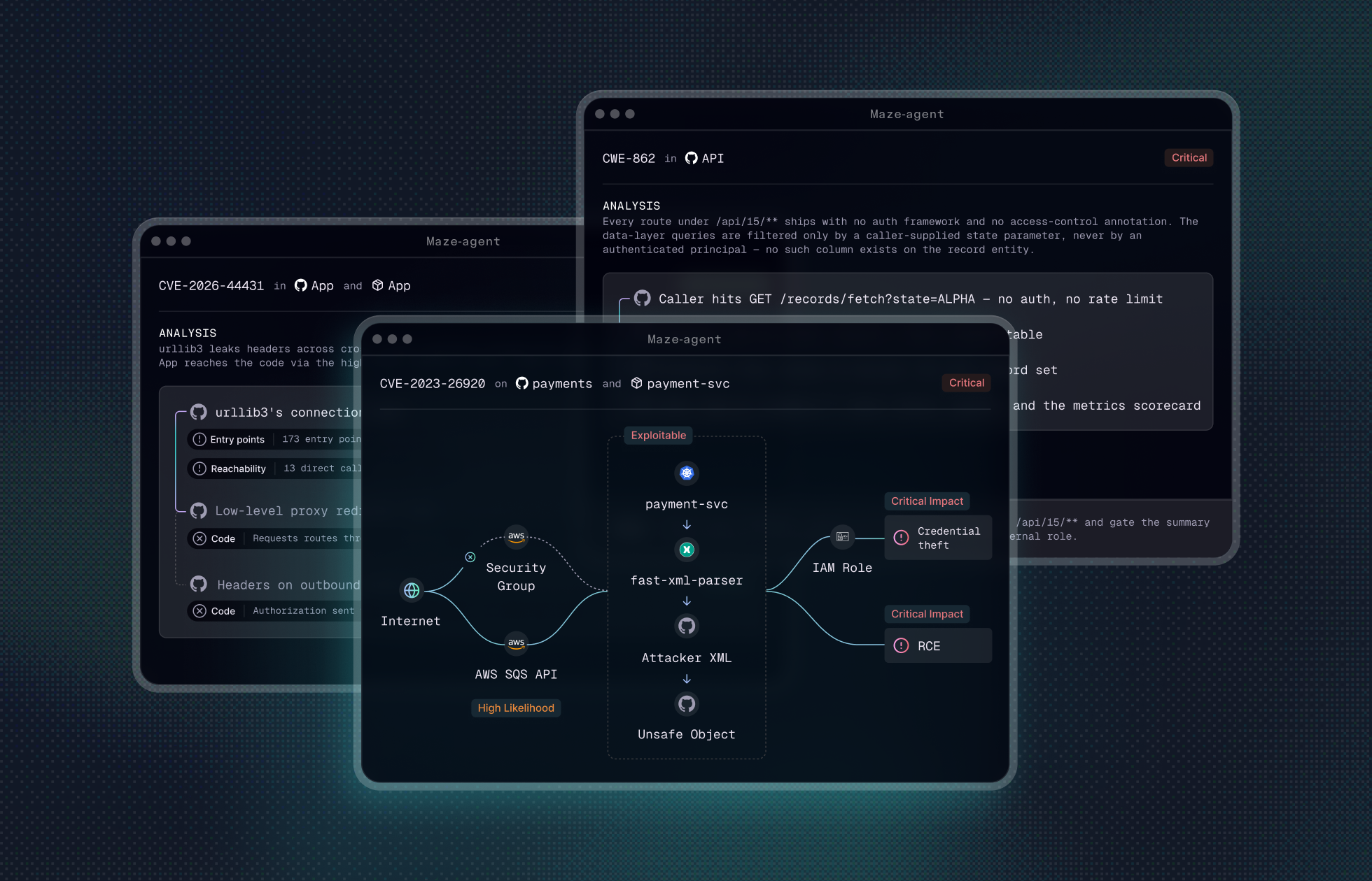 Maze Code UI showing AI agents tracing a vulnerability's exploit path from the internet to remote code execution.