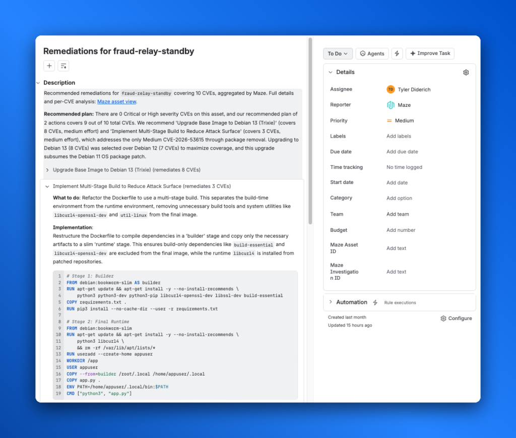 Jira ticket created by Maze with a remediation plan for the CVEs on an asset, including implementation steps and code.