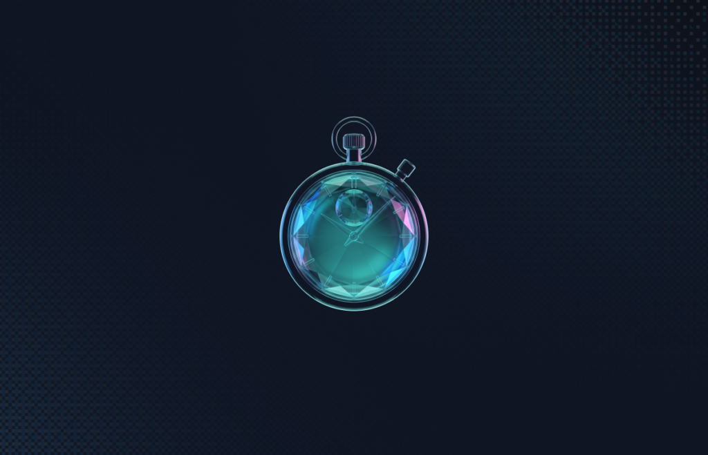 Glass stopwatch glowing teal and violet, representing faster vulnerability remediation