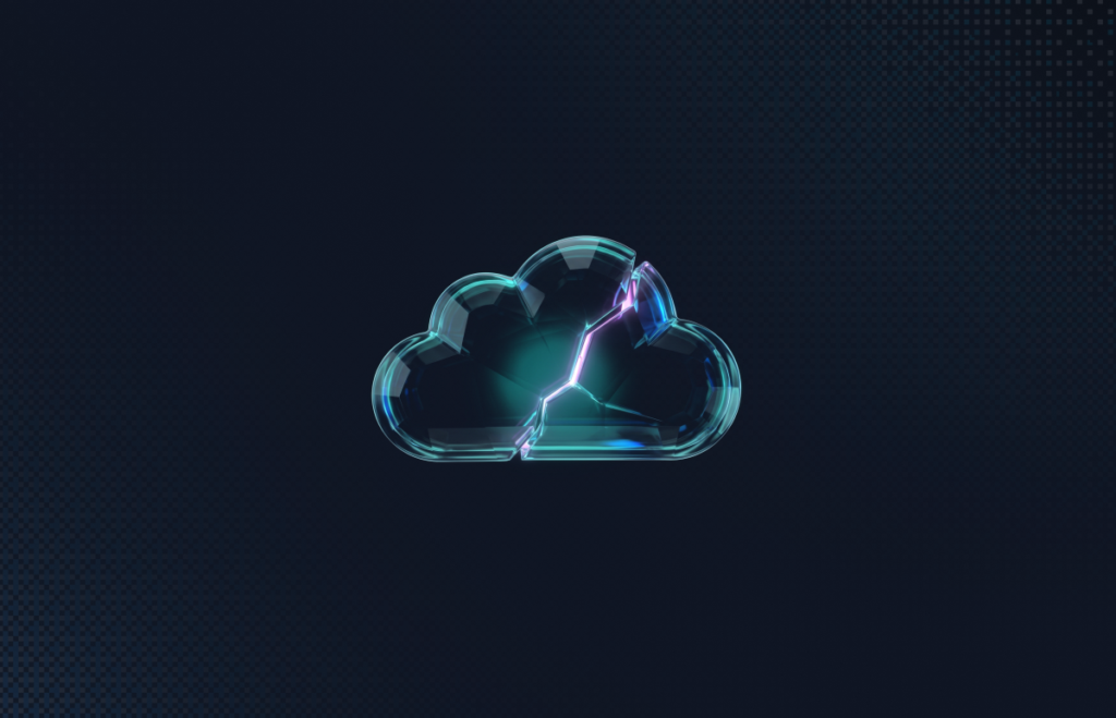 A translucent glass cloud on a dark navy background, split by a glowing teal and magenta crack