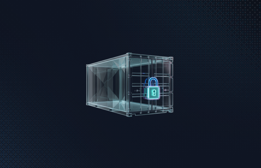 Glass shipping container with a glowing padlock on its doors