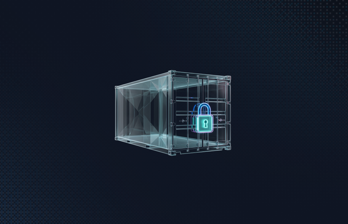 Glass shipping container with a glowing padlock on its doors