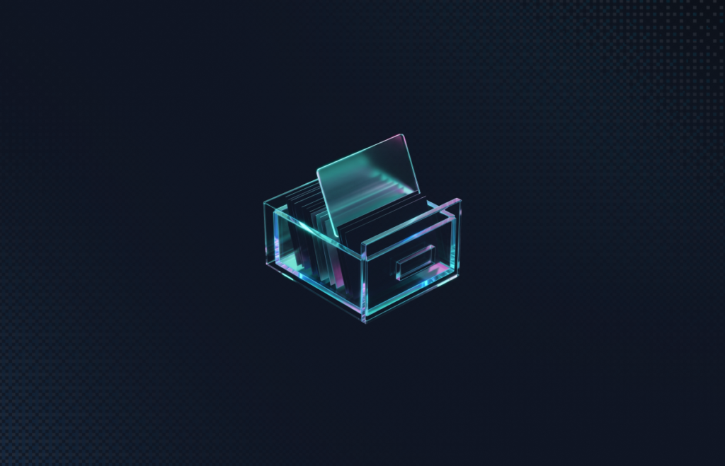 Glass card catalog drawer with one index card raised, representing the CISA KEV Catalog