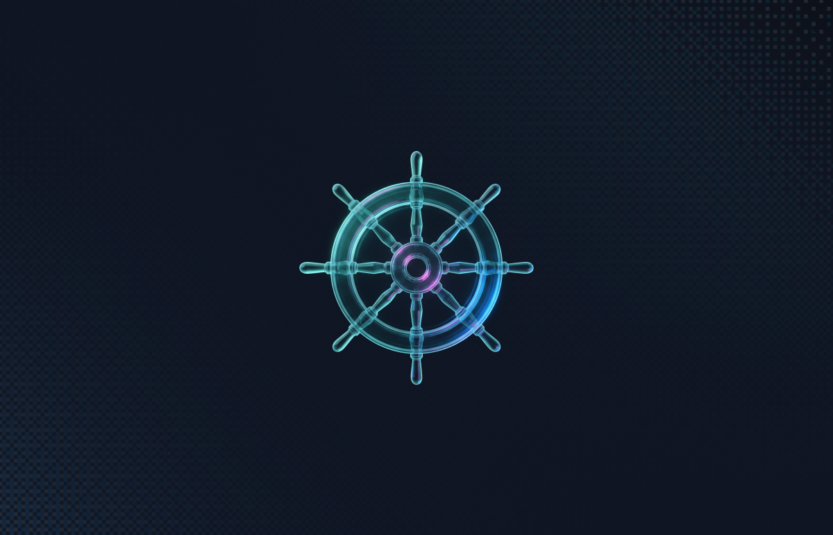 Glass ship's helm wheel, the Kubernetes symbol, on a dark background