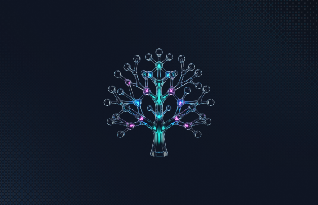 Glass dependency tree with branching nodes, representing a software supply chain