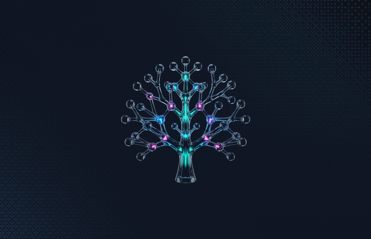 Glass dependency tree with branching nodes, representing a software supply chain