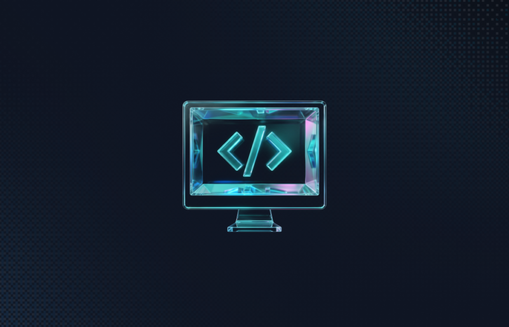Glass computer monitor showing angle brackets code symbol