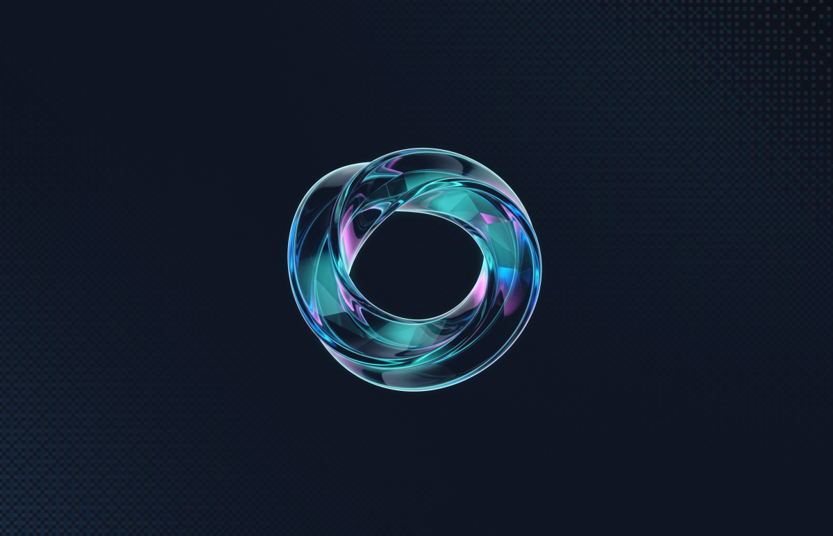 A translucent teal and violet glass loop floating on a dark navy background