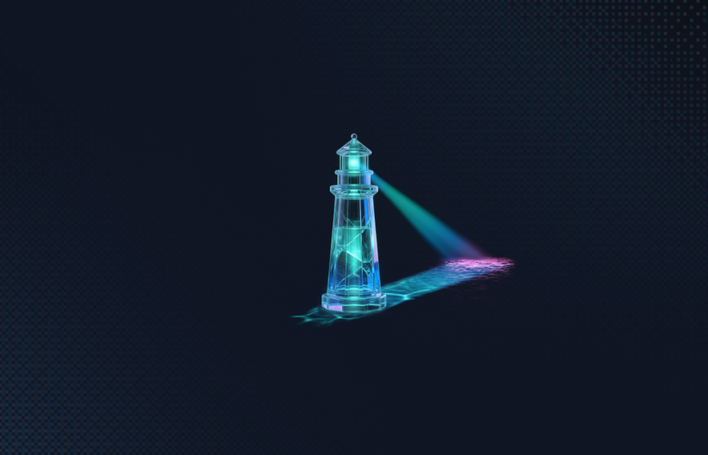 Glass lighthouse casting a single teal beam across dark water