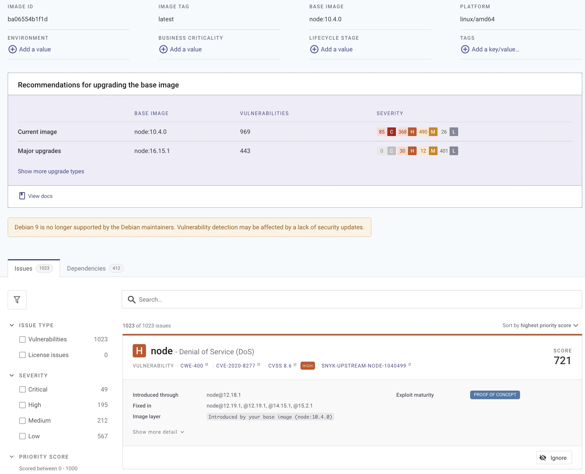 Snyk Container product screenshot