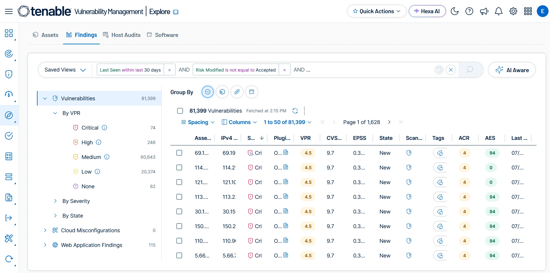 Tenable One Vulnerability Management dashboard screenshot with prioritized vulnerabilities